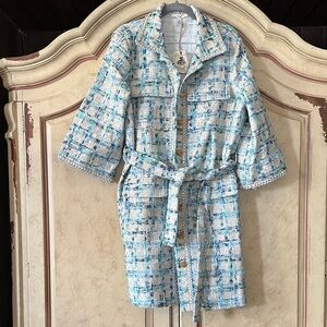 easel Cream with Blue & Green Plaid Tweed Belted Trench Coat Dress size Medium